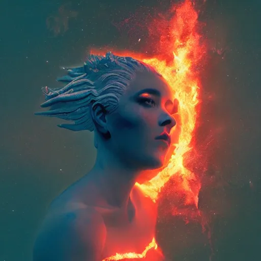 Prompt: a goddess, sci - fi aesthetics, on fire, photoshop, colossal, creative and cool, giant, photo manipulation, planets, earth, outer space, smoke, destruction