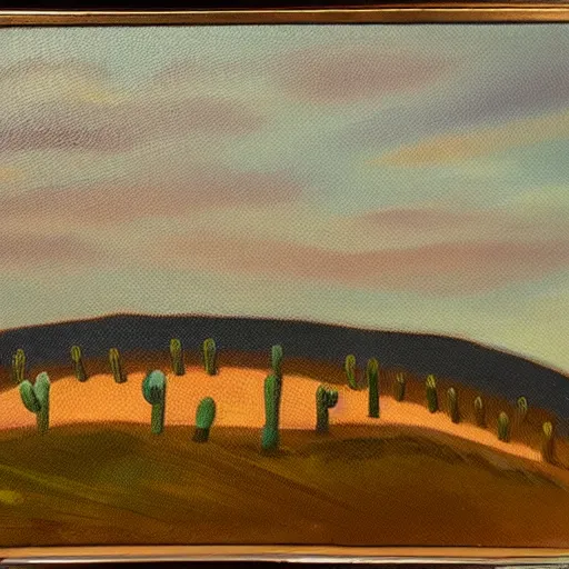 Prompt: a conrad bluff oil painting of a small hill covered in cactus with a circular 1 0 lane highway at it's base full of evening traffic