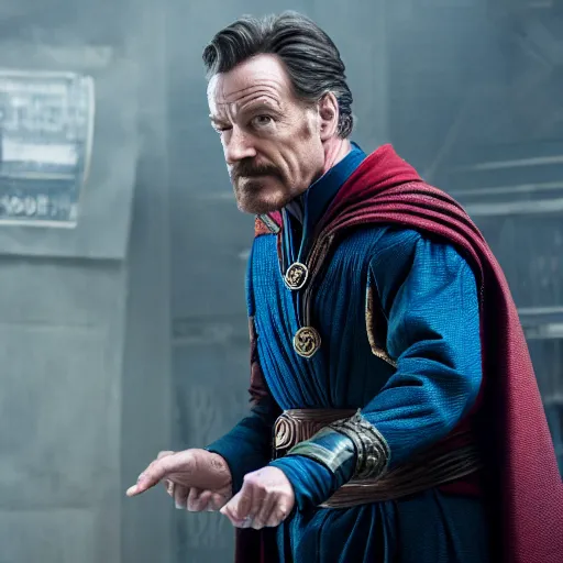 Image similar to a still from multiverse of madness, of bryan cranston as doctor strange, hd 4k photo