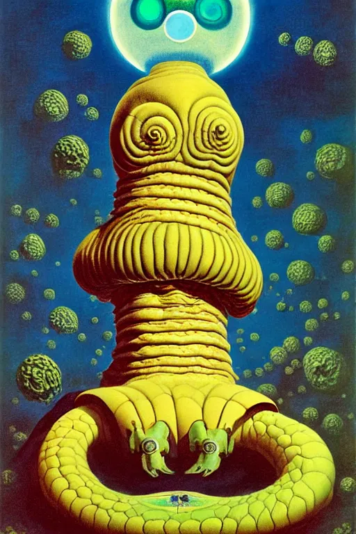 Image similar to a queen on top of a giant tardigrade retro japanese monster slimy leather, oil painting, 7 0 s vintage art, by georgia o keeffe, by gustave dore, by frank frazetta, nausicaa