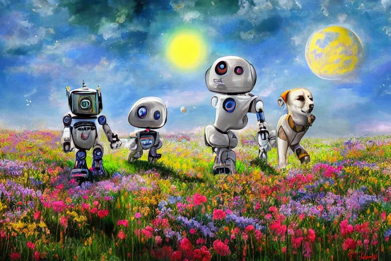 Image similar to beautiful painting ( ( robot dogs ) ) playing in a stunning field of flowers, blue sky, huge multiple moons by phil foglio and vincent dutrait, trending on artstation, hdr