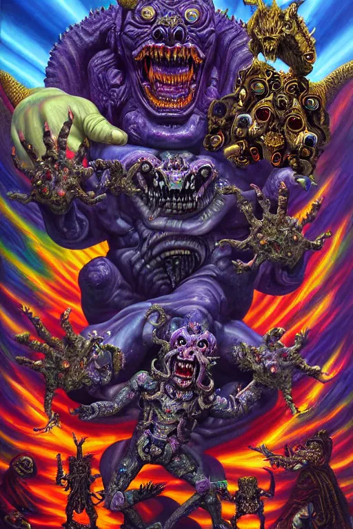 Image similar to a hyperrealistic painting of an epic boss fight against an ornate supreme dark overlord, cinematic horror by chris cunningham, lisa frank, richard corben, highly detailed, vivid color,