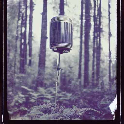 Image similar to old polaroid depicting a small intricate metallic alien probe, standing in a forest clearing