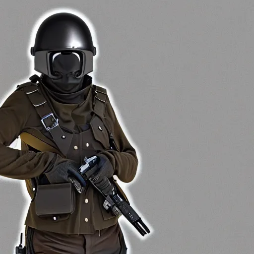 Image similar to futuristic insurgent wearing black helmet, brown cloak, technical vest, and a backpack, photorealistic, digital art