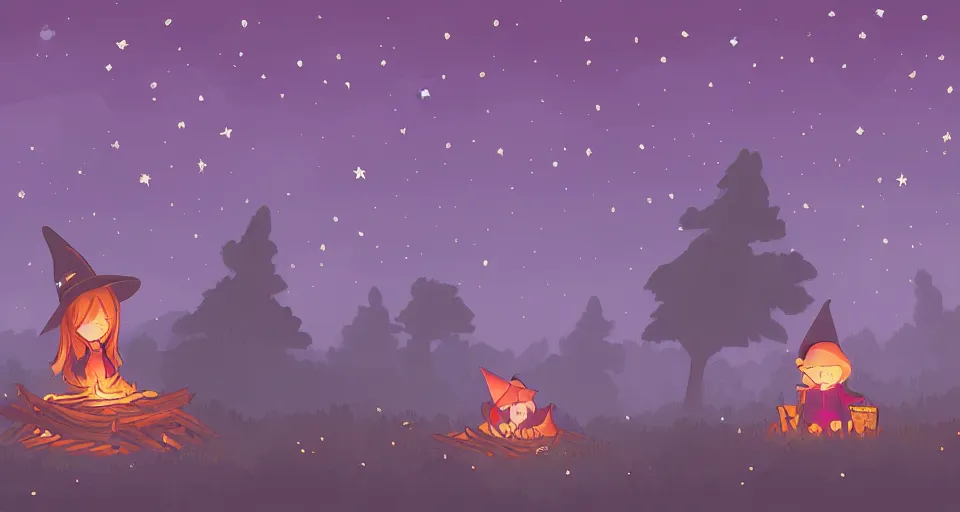 Prompt: Illustration of a small cute witch sitting by cozy bonfire in the forest meadow under starry sky and shooting star, digital pixel art, pixiv by Aenami