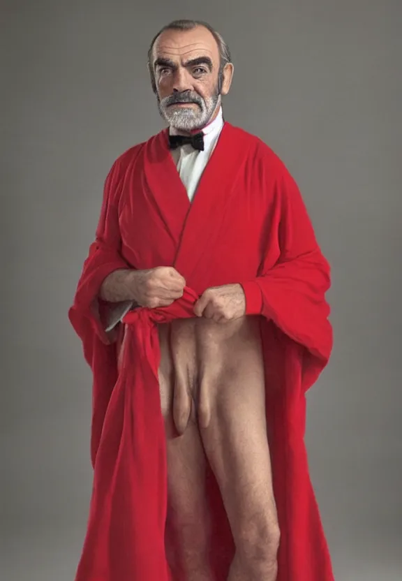 Image similar to The full figure studio portrait is of the actor sean connery. His skin is pale and wrinkled, his eyes are red rimmed and sunken. He is wearing the robes of the imperial emperor from star wars above the red leather mankini from the film zardoz and He has a thick black moustache and a long plait of hair. by Mark Mann and Steve McCurry. Nikon D850. Sigma 85mm F1.4 DG HSM A. Aperture f/3.5. Shutter speed 1/60. ISO 1600