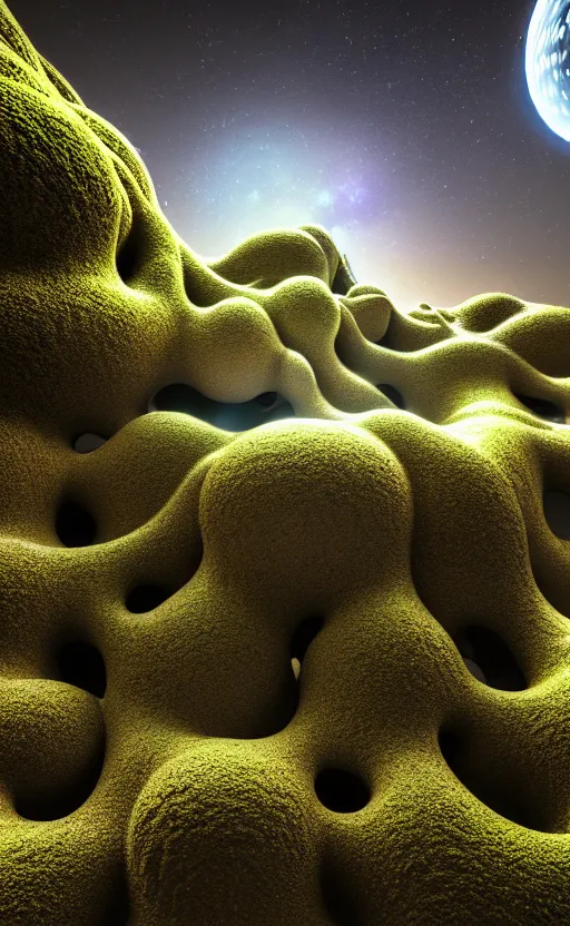 Image similar to highly detailed ultra sharp 3 d render cinematic composition of a smooth ceramic porcelain biomorphic magnolia stone nebula fluid fractal sci - fi surreal architecture landscape, granite, metallic, magnesium, marble, moss and lichen, vincent callebaut composition, mamou - mani, archviz, beautiful lighting, 8 k, unreal engine, hdr,