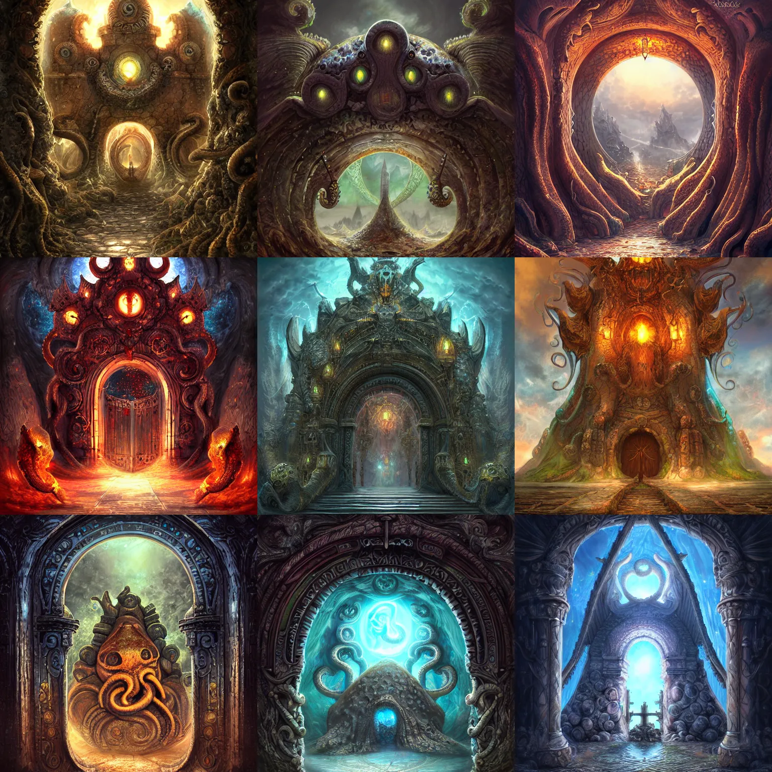 Prompt: The gate to the eternal kingdom of octopodes, fantasy, digital art, HD, detailed.