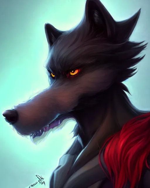 Image similar to character concept art of a black anthropomorphic furry male wolf with long red hair, futuristic | | cute - fine - face, pretty face, key visual, realistic shaded perfect face, fine details by stanley artgerm lau, wlop, rossdraws, james jean, andrei riabovitchev, marc simonetti, and sakimichan, artstation