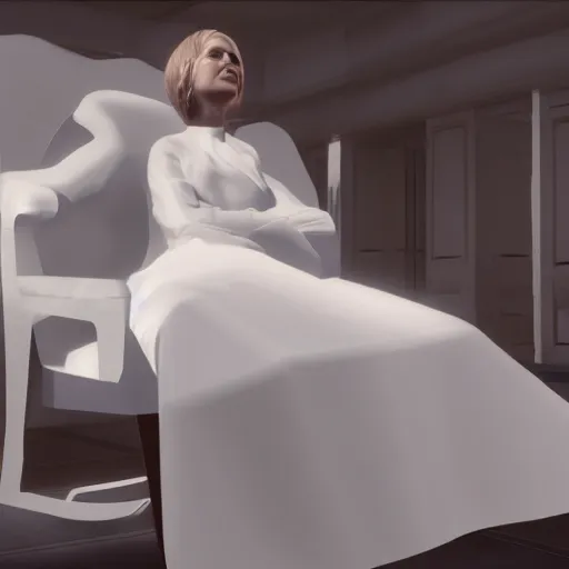 Image similar to a woman in a white dress sitting in a chair, concept art by john carpenter, reddit, hypermodernism, playstation 5 screenshot, unreal engine 5, criterion collection