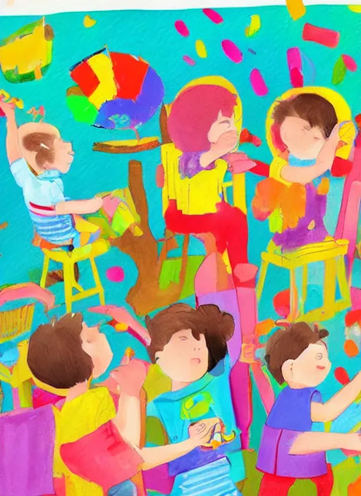 Prompt: “Several small children painting pictures and jumping happily in a colorful room. Paint is flying and dripping. Illustration for children's book”