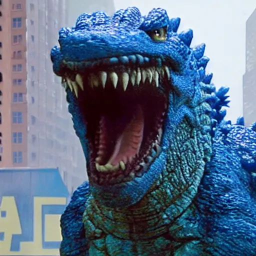 Image similar to a film still of bluey as godzilla