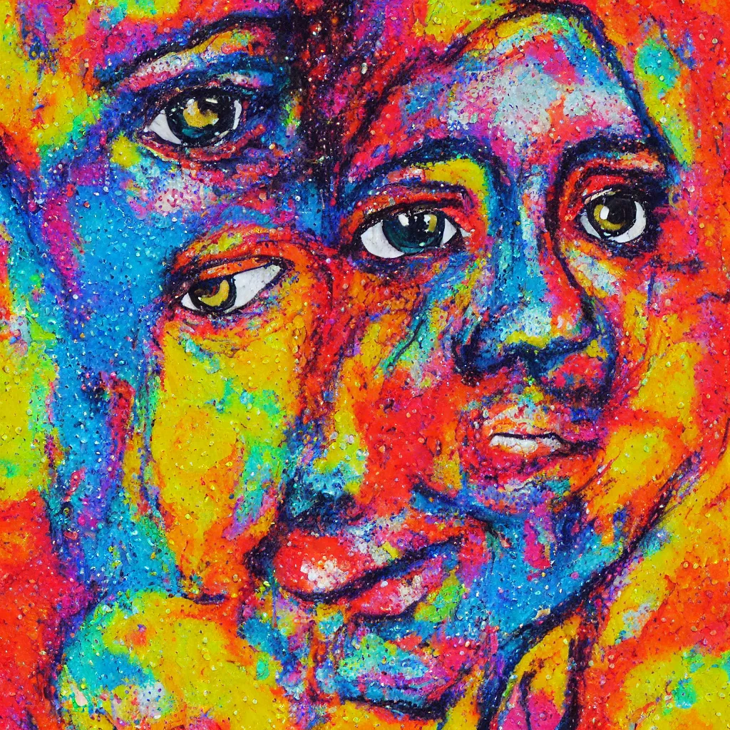 Image similar to intricate face with dots of paint melting in to a colorful painting made of gouache impasto