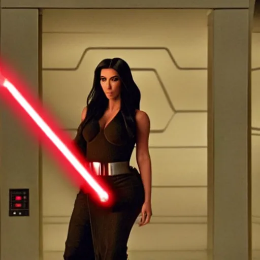 Image similar to kim kardashian holding a lightsaber in star wars episode 3, 8k resolution, full HD, cinematic lighting, award winning, anatomically correct