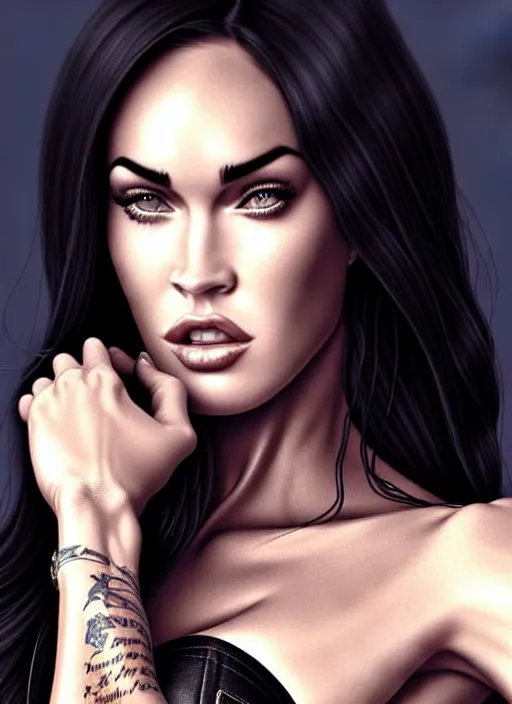 Prompt: megan fox in the style of stefan kostic, realistic, full body shot, wide angle, sharp focus, 8 k high definition, insanely detailed, intricate, elegant, art by stanley lau and artgerm, floating embers