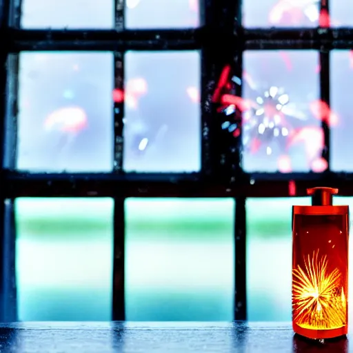 Image similar to perfume bottle on the window sill with fireworks and stars in the background