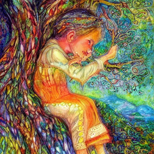 Image similar to a painting of a child and a tree, a storybook illustration by josephine wall, deviantart, metaphysical painting, storybook illustration, detailed painting, whimsical