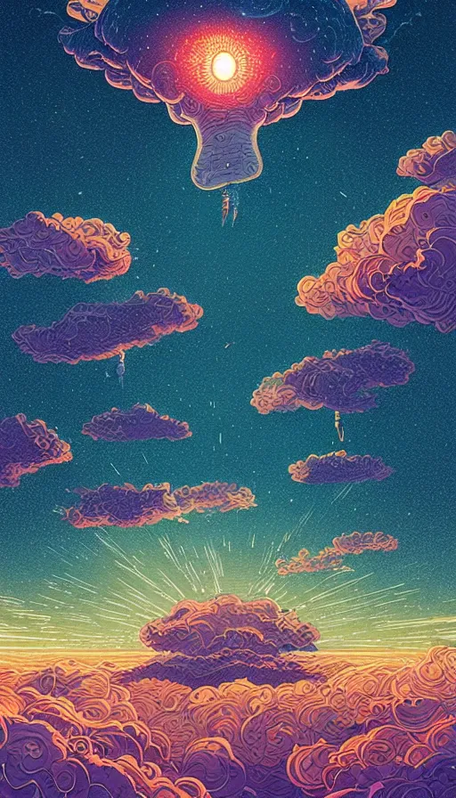 Image similar to little luminous jellyfishes floating on cosmic cloudscape at sunset, futurism, dan mumford, victo ngai, kilian eng, da vinci, josan gonzalez