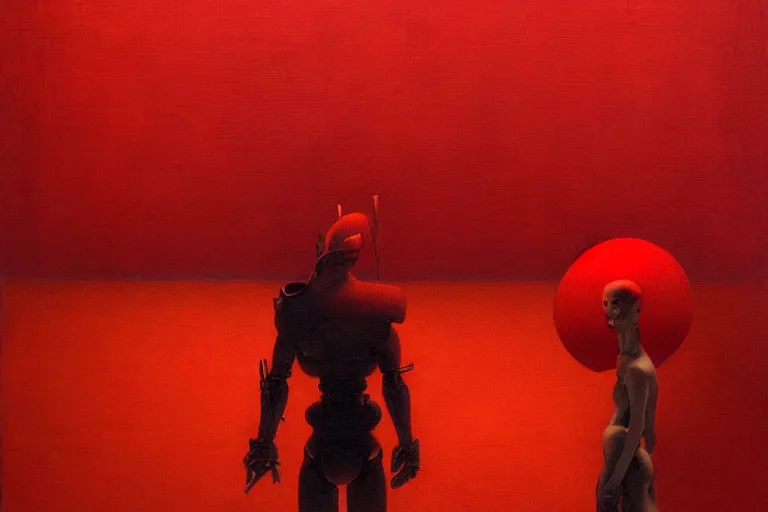 Image similar to only with red, a red samurai humanoid, tokio futuristic in background, yokai, in the style of beksinski, parts by edward hopper, parts by rodcenko, parts by yue minjun, intricate and epic composition, red by caravaggio, insanely quality, highly detailed, masterpiece, red light, artstation, 4 k