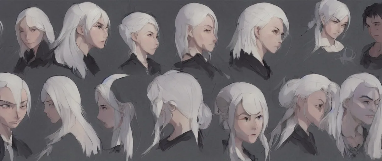 Prompt: character face study, multiple angles, directions and moods. faces only, girl with white hair, concept art finely detailed perfect art, painted by greg rutkowski makoto shinkai takashi takeuchi studio ghibli, pinterest, cevagraf comics