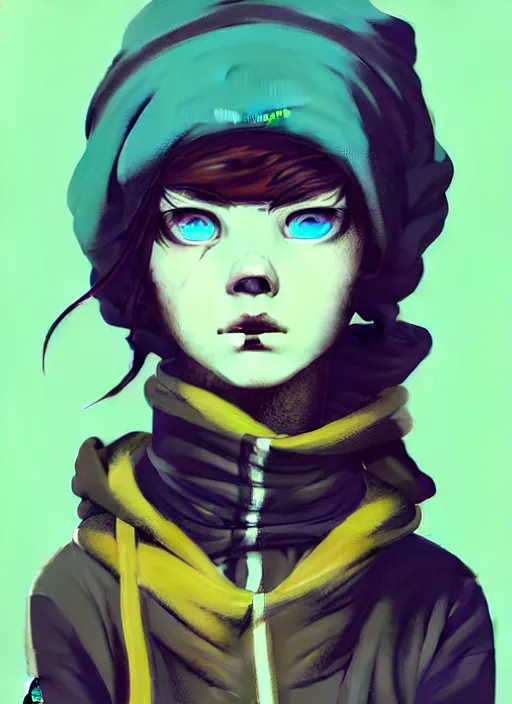 Prompt: highly detailed portrait of a sewer punk lady student, blue eyes, tartan hoody, hat, white hair by atey ghailan, by greg rutkowski, by greg tocchini, by james gilleard, by kaethe butcher, gradient yellow, black, brown and cyan color scheme, grunge aesthetic!!! ( ( graffiti tag wall ) )
