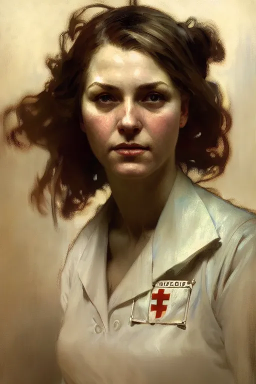 Image similar to hyperrealist portrait of a ww 2 female nurse by jeremy mann and alphonse mucha, fantasy art, photo realistic, dynamic lighting, artstation, poster, volumetric lighting, very detailed faces, 4 k, award winning