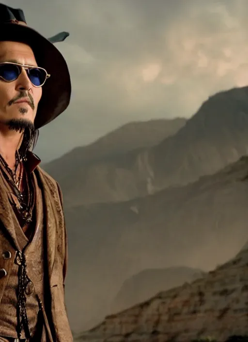 Prompt: film still of Johnny Depp as Cole Thorton in El Dorado, 4k