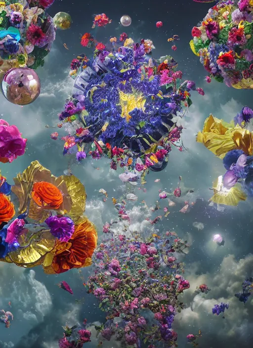 Image similar to An epic fantastic realism comic book style painting of the most beautiful flowers launched into space, perfect shiny silver iridescent spheres, bouquets, fisheye lens, unreal 5, DAZ, hyperrealistic, octane render, dynamic lighting