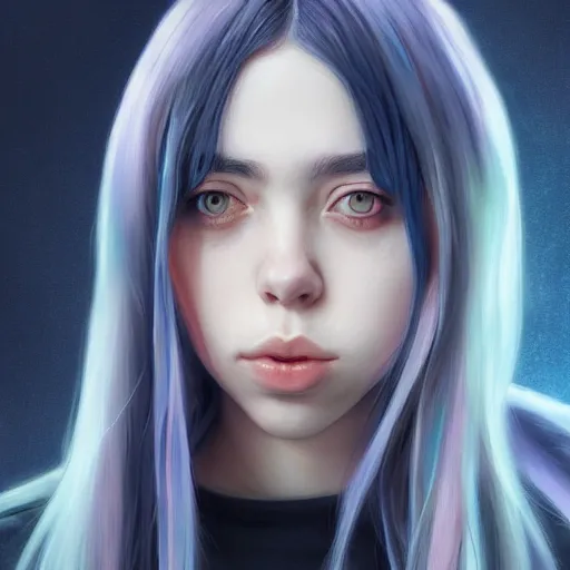 Image similar to Hyperrealistic anime portrait of Billie Eilish, by Stanley Artgerm Lau, WLOP, Rossdraws, James Jean, Andrei Riabovitchev, Marc Simonetti, and Sakimichan, tranding on artstation