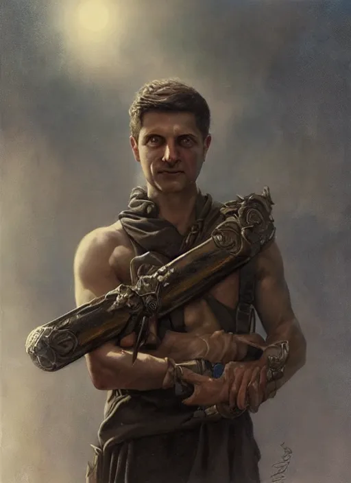 Image similar to a heroic portrait of volodymyr zelenskyy, art by tom bagshaw and manuel sanjulian and greg rukowski