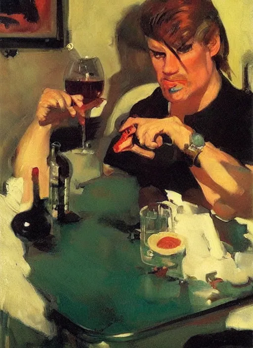 Image similar to glam rocker drinking brutal and raw wine with his friends, inside a green room with red lights by joaquin sorolla, phil hale