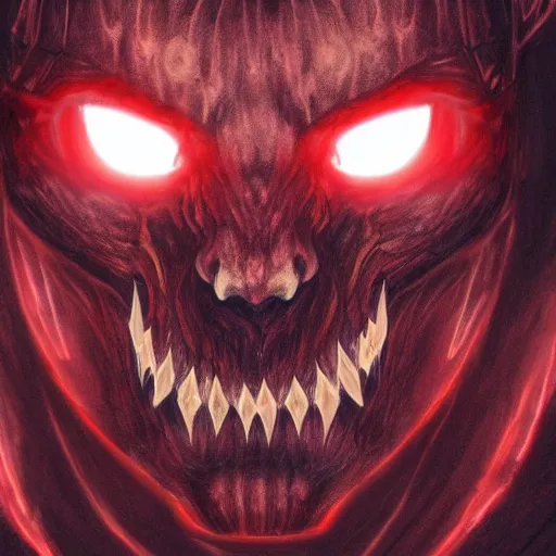 Prompt: portrait of an intimidating glowing scary giant, face and skin is dark red, glowing eyes, glowing veins of white, hero, villain, concept art, centered