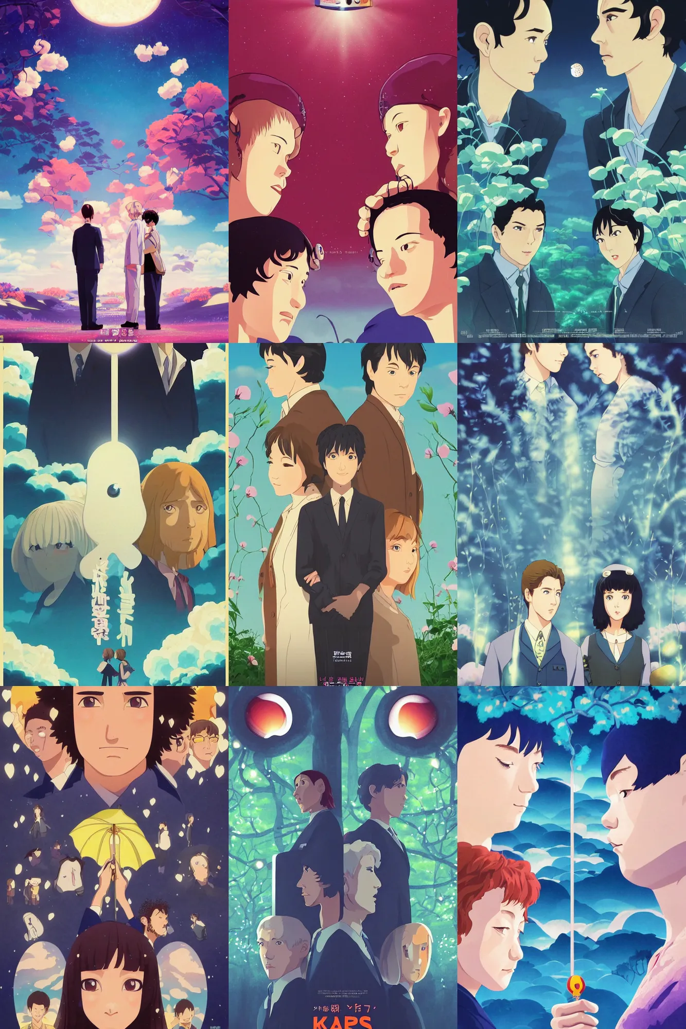 Prompt: a tv show about a tv show solving epic mysteries, Klaus Movie Twins poster, movie still, artwork by Chiho Aoshima, a Rendering illustration of a cinematic beautiful closeup moment of three friends standing facing toward their love, full of details, full view, Matte painting, trending on artstation, Mamoru hosoda