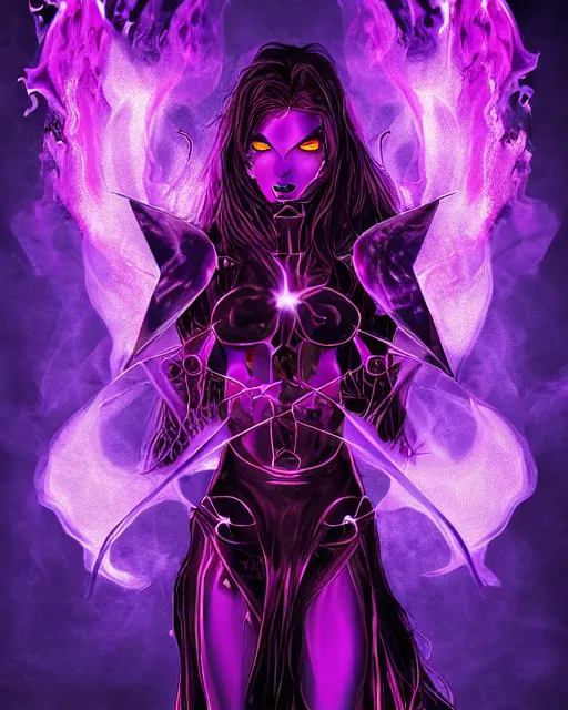 Image similar to pyromancer devil girl cover in purple death flames, deep pyro colors, purple laser lighting, award winning photograph, radiant flares, intricate, various refining methods, micro macro autofocus, evil realm magic painting vibes