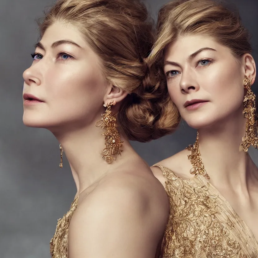 Image similar to gorgeously dreamlike beautiful face Rosamund Pike, hair updo, balayage, natural make-up, luxurious ornate golden jewelry, earrings, low cut dress, dynamic lighting, award winning photo shoot, intricately detailed, glimmering, shining, photo realistic, cinematic, volumetric lighting, fashion portrait, 8K UHD