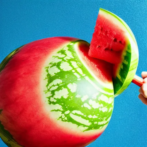 Prompt: watermelon being smashed by a sledgehammer, close up, dslr photo