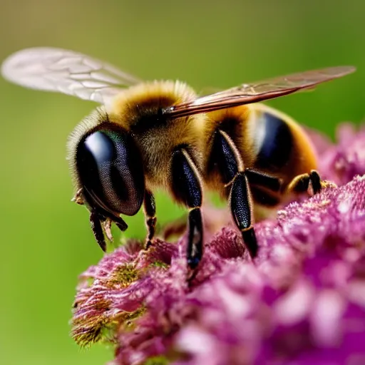 Prompt: a happy bee looking straight into the camera, macro photography, ambient light, perfect focus