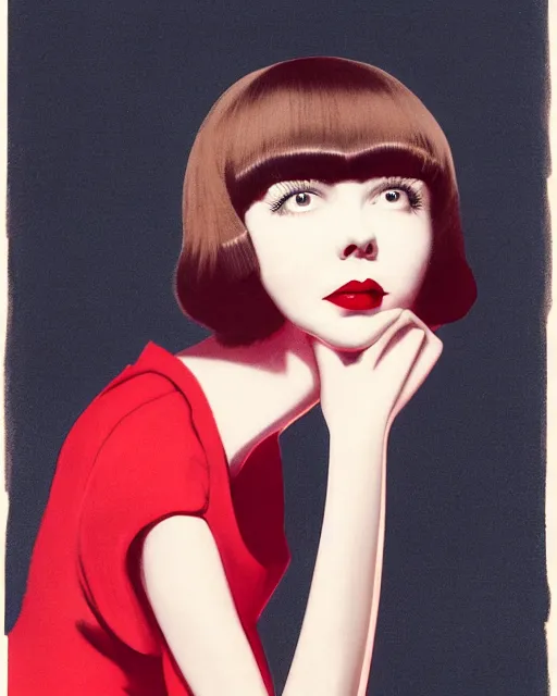 Image similar to colleen moore 2 5 years old, bob haircut, portrait casting long shadows, resting head on hands, by ross tran, reddress, 1 9 8 0 s airbrush