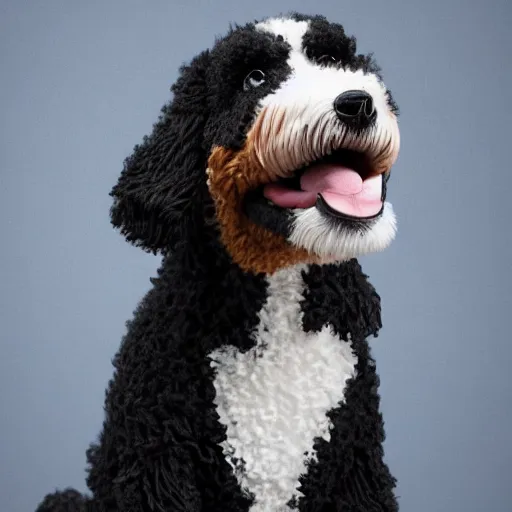 Image similar to a closeup photorealistic photograph of a cute smiling knitted bernedoodle judge dog dressed in a black gown, presiding over the courthouse. indoor image, professional capture, well lit shot. this 4 k hd image is trending on artstation, featured on behance, well - rendered, extra crisp, features intricate detail, epic composition and the style of unreal engine.