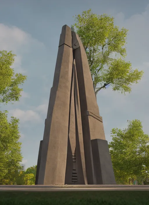 Image similar to highly detailed realistic architecture 3 d render of a futuristic stele monument in frank lloyd wright style standing in city park, archdaily, made in unreal engine 4 octane render