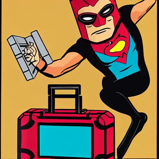 Prompt: brown suitcase containing domino superhero mask being opened by a ginger caucasian male in a brown suit, bruce timm artstyle, colorful, somber