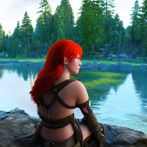 Image similar to beautiful female redhead elf warrior sitting next to a beautiful lake at dawn, enjoying the wind, looking at the water. 8k ultra realistic, award winning, unreal engine 5, masterpiece, atmosphere glow, hyperrealistic, focused, extreme details, cinematic