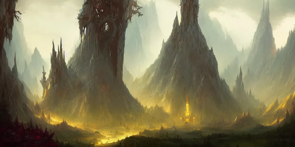 Prompt: sauron, fantasy, with a forest inside an incredible palace Peter Mohrbacher matte painting artstation