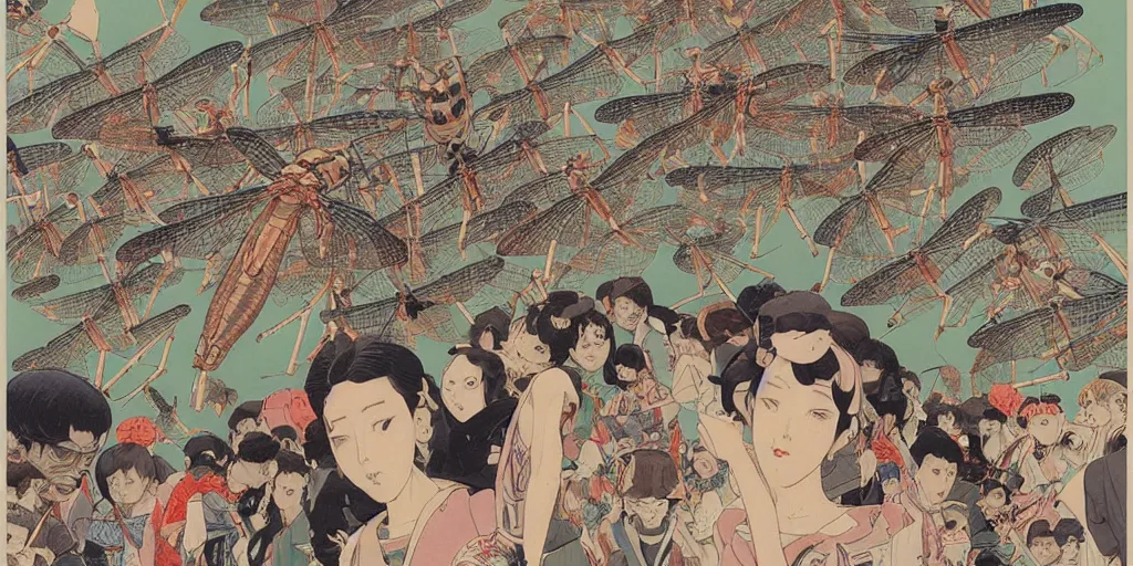 Image similar to gigantic dragonflies with human faces catch tiny robots, a lot of exotic mechas robots around, human heads everywhere, risograph by kawase hasui, satoshi kon and moebius, 2 d gouache illustration, omnious, intricate, a lot of tiny details, fullshot