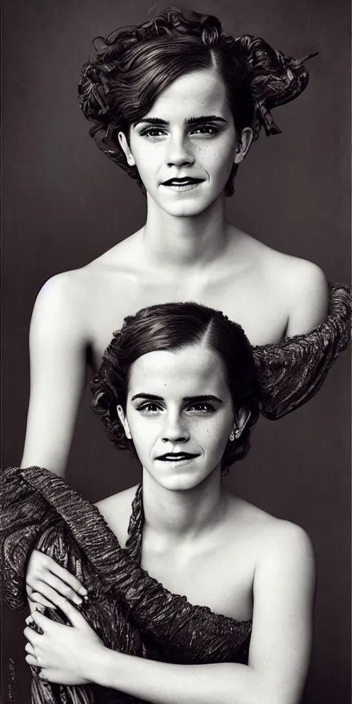 Image similar to emma watson smiling smiling smiling detailed portrait curly updo painting by gaston bussiere craig mullins j. c. leyendecker photograph by richard avedon peter lindbergh annie leibovitz