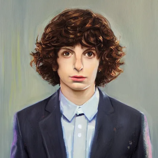 Image similar to a portrait of finn wolfhard as a robot, oil painting, pale colors, high detail, 8 k, wide angle, trending on artstation,