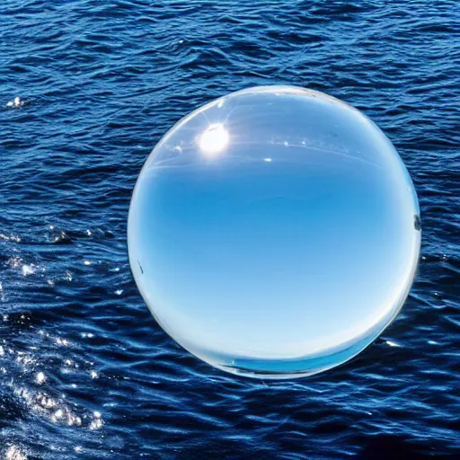 Prompt: a perfect sphere of glass floating above the ocean