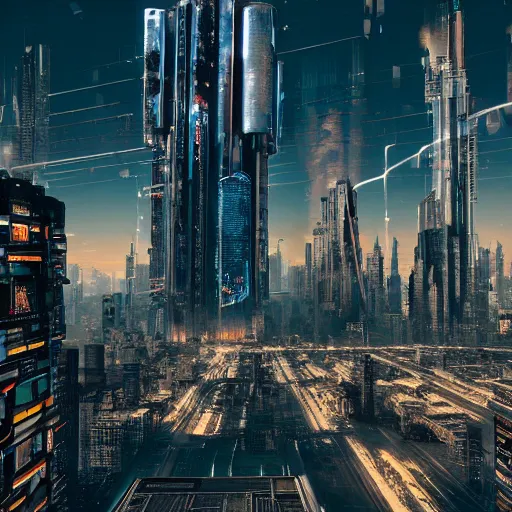 Prompt: A hyper realistic, 8k image of a massive cyberpunk city with a massive futuristic tower in the middle of the frame. Behind the city is a massive mountain which is also in the middle of the frame. Surreal, heavenly.