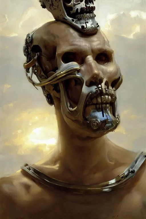 Image similar to beautiful expressive oil painting portrait of ancient roman god emperor cyborg with a skull mask ascending wearing the civic crown, art by anders zorn, wonderful masterpiece by greg rutkowski, beautiful cinematic light, american romanticism by greg manchess, jessica rossier