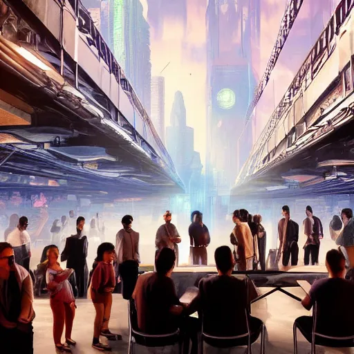 Image similar to large group of people, looking at hologram of futuristic city on a table, cinematic concept art, warehouse interior, godrays, golden hour, 4 k, clear details, tabletop model buildings, tabletop model, hologram center